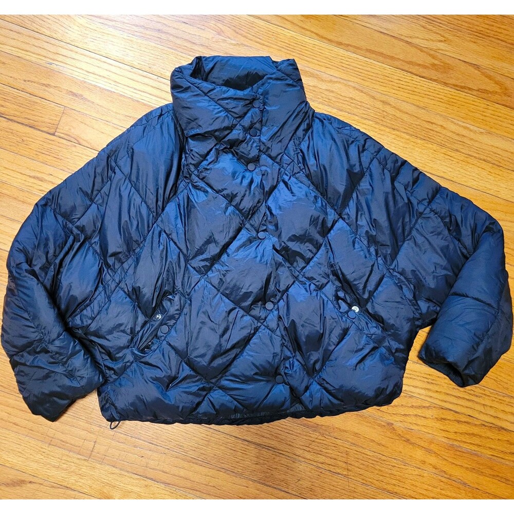 ZARA Women’s Black Quilted Puffer Jacket Snap Front Down cropped box Size S